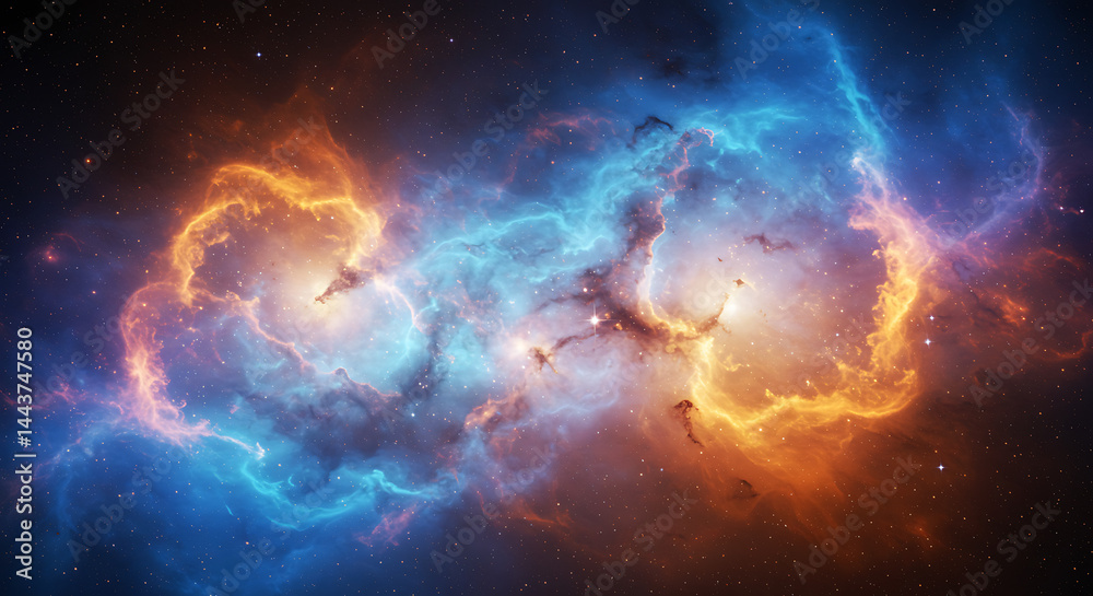 Fototapeta premium Breathtaking cosmic cloudscape featuring vibrant blue and orange hues in a mesmerizing nebula with a field of stars for science and astronomy projects