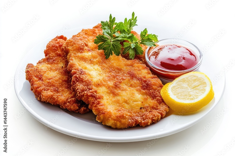Schnitzel on a plate, white background. AI generated illustration. Schnitzel on a plate, white background. AI generated illustration.