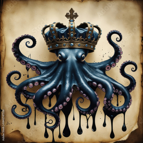 A regal octopus wearing a jewelled golden crown, ink droplets, vintage parchment background, detailed tentacles