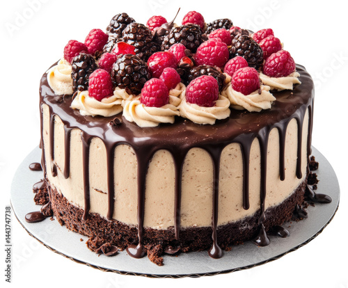 Delicious chocolate raspberry cake kitchen food bright isolated on transparent background