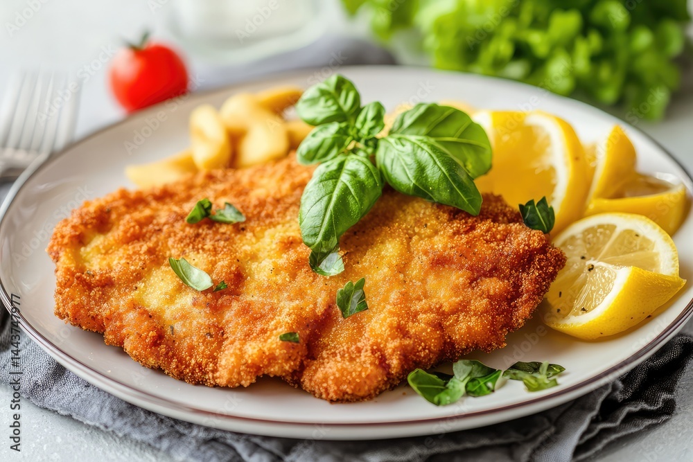Schnitzel on a plate, white background. AI generated illustration. Schnitzel on a plate, white background. AI generated illustration.