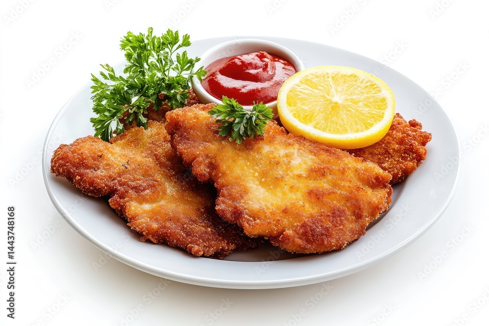Schnitzel on a plate, white background. AI generated illustration. Schnitzel on a plate, white background. AI generated illustration.