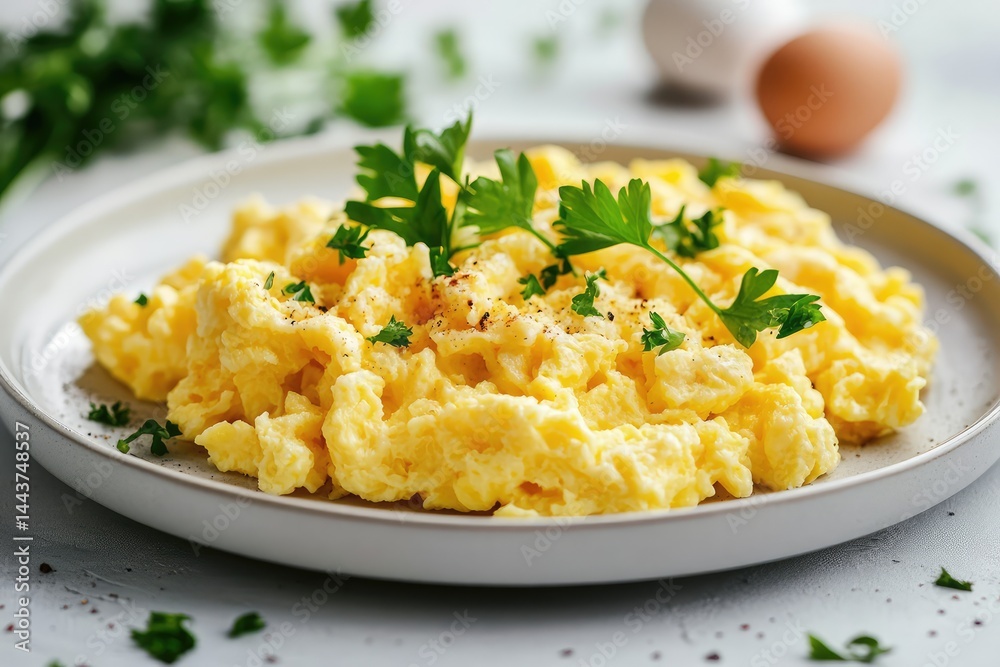 Scrambled eggs on a plate, white background. AI generated illustration. Scrambled eggs on a plate, white background. AI generated illustration.