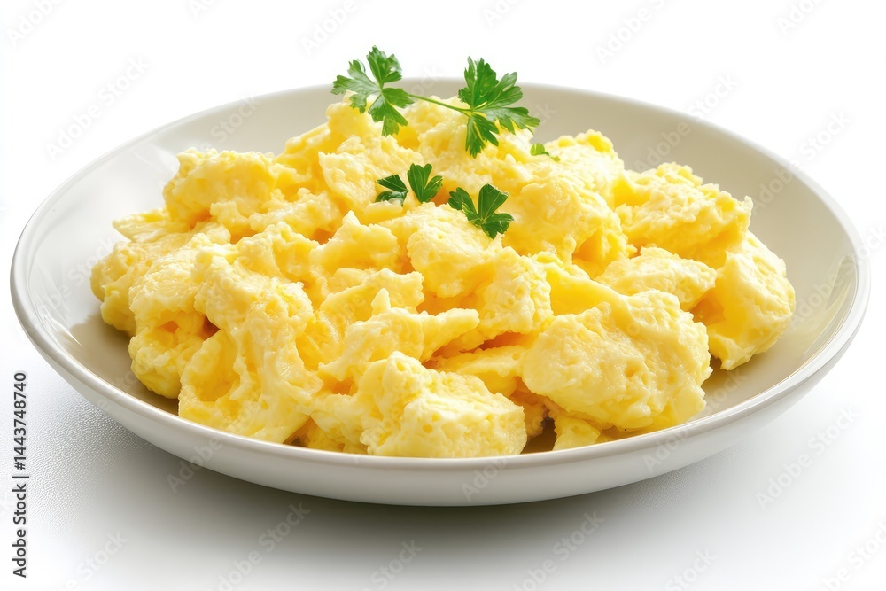 Scrambled eggs on a plate, white background. AI generated illustration. Scrambled eggs on a plate, white background. AI generated illustration.