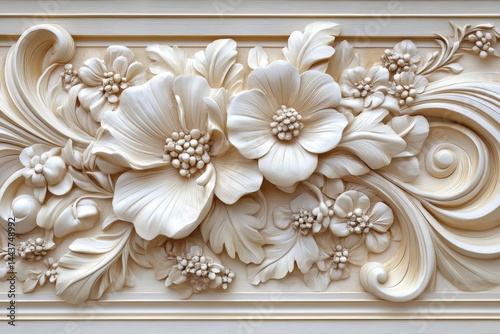 Ornate, decorative floral relief carving on a light beige surface.