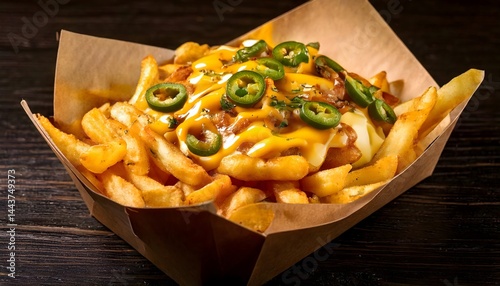 Seasoned cheese fries with sliced jalapeños and creamy cheddar sauce
