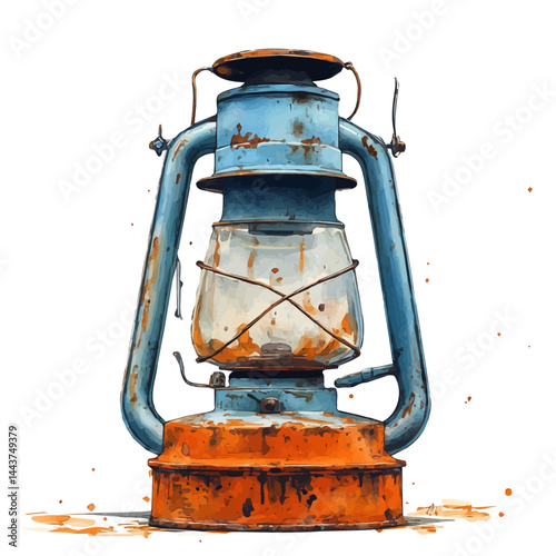 Old Oil Lantern With Rusted Frame, vector watercolor illustration, isolated on a white background.