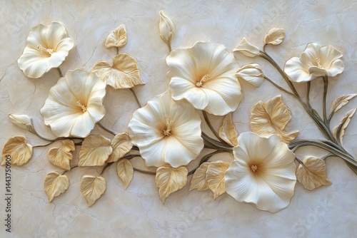 Ornate floral design in pale cream and beige tones.