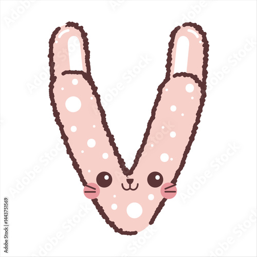 V bunny letter with emoji face, pink polka dot background, uppercase typography illustration
