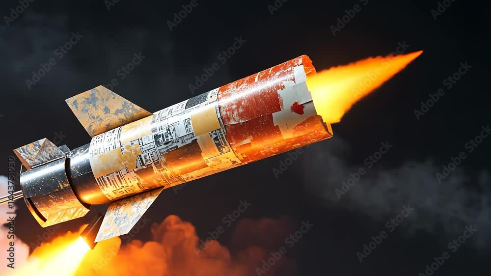 A homemade rocket crafted from newspaper and tape launches into the sky, flames and smoke trailing from its base, set against a dark backdrop.