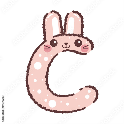C bunny letter with emoji face, pink polka dot background, uppercase typography illustration
