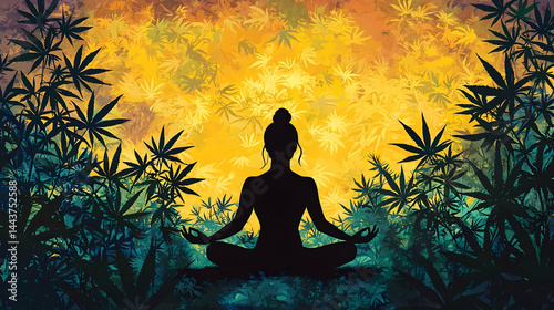 Woman meditating amidst cannabis plants at sunset; peaceful mindfulness concept for wellness websites