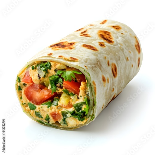 A delicious vegetarian burrito filled with hummus, tomatoes, cucumbers, spinach and herbs is perfectly wrapped in a warm tortilla. photo