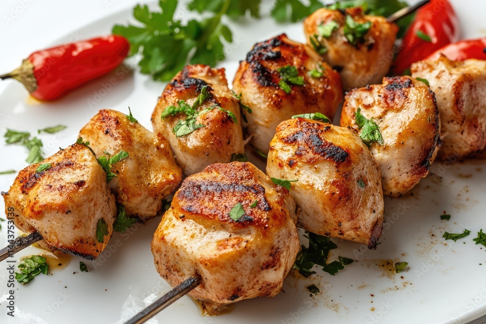 Shish chicken, white background. AI generated illustration. Shish chicken, white background. AI generated illustration.