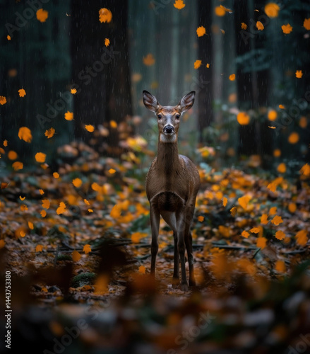 A deer broadside, in a pacific northwest forest, it is raining