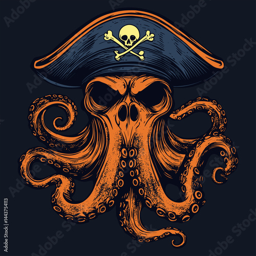 Pirate Octopus in Orange Tones Black Background