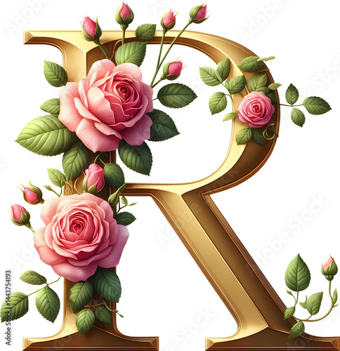 Gold English spelling decorated with pink rose vines R