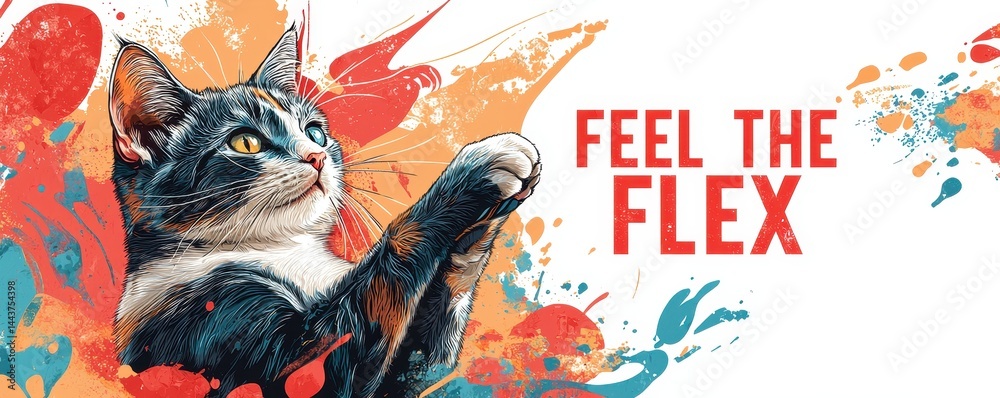 Obraz premium International cat day with curious and cute idea. Artistic illustration of a cat with vibrant colors and text 