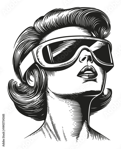 Retro Illustration of a Woman in Vintage Ski Goggles Engraving Art