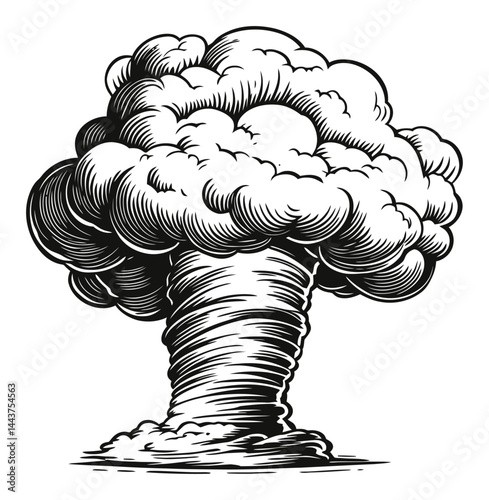 Vintage Hand Drawn Engraving of a Mushroom Cloud Explosion