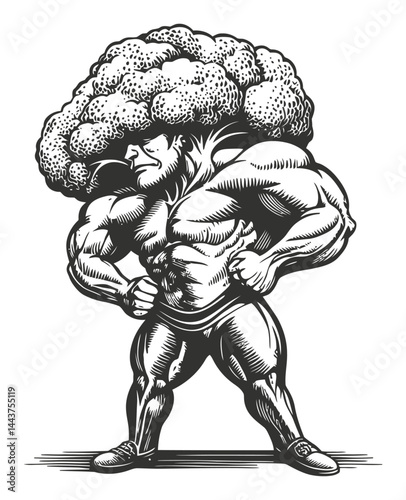 Muscular Figure with Brain Imagery in Engraved Style Illustration