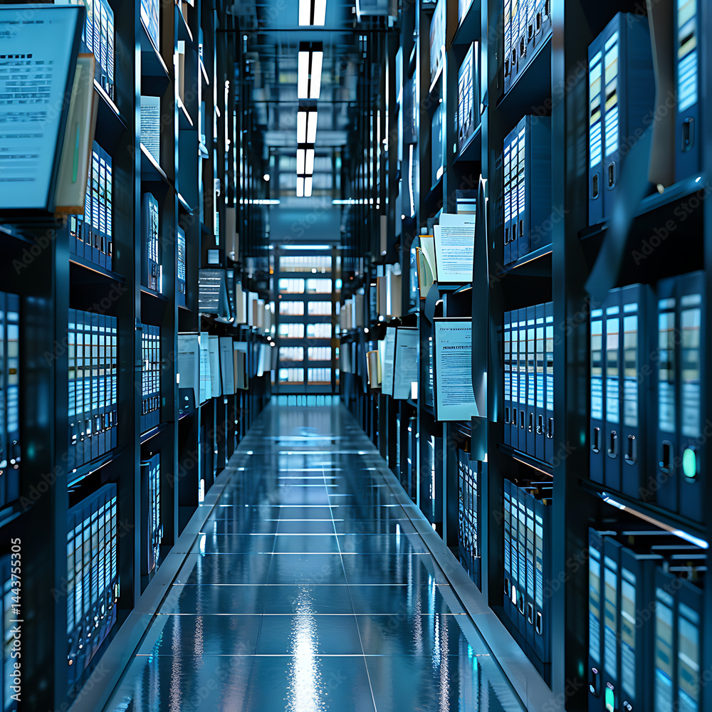Perspective view down a long corridor lined with tall shelves filled with files and binders. Represents archive, library, data storage, or server room concept.
Perspective view down a long corridor lined with tall shelves filled with files and binders. Represents archive, library, data storage, or server room concept.