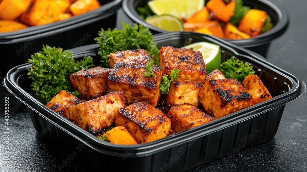Fototapeta premium Prepared cubed meal in container food photography