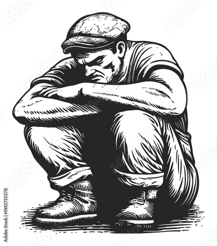 Somber Man Sitting in Thoughtful Pose - Hand-Drawn Engraving Illustration