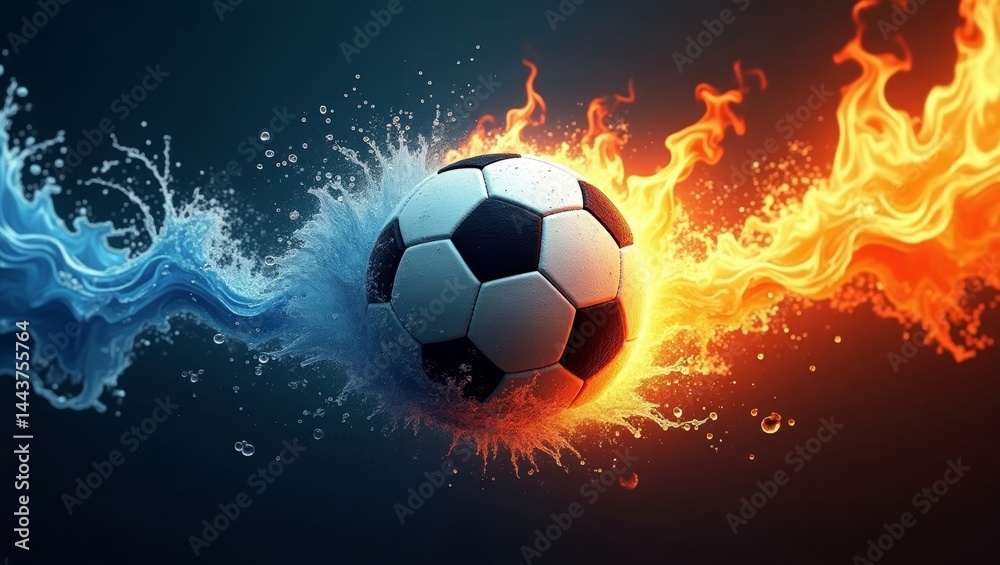 Naklejka premium Dynamic duel soccer ball amidst fire and water