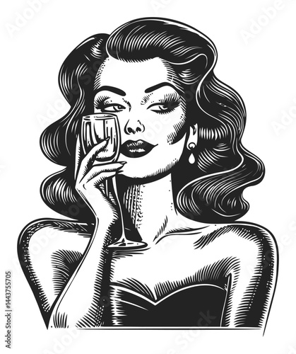 Elegant Woman with Glass in Hand Vintage Hand-Drawn Illustration
