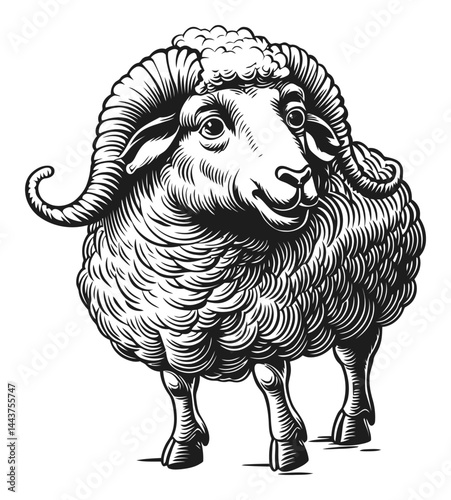 Hand-Drawn Engraving Illustration of a Charming Sheep in Profile