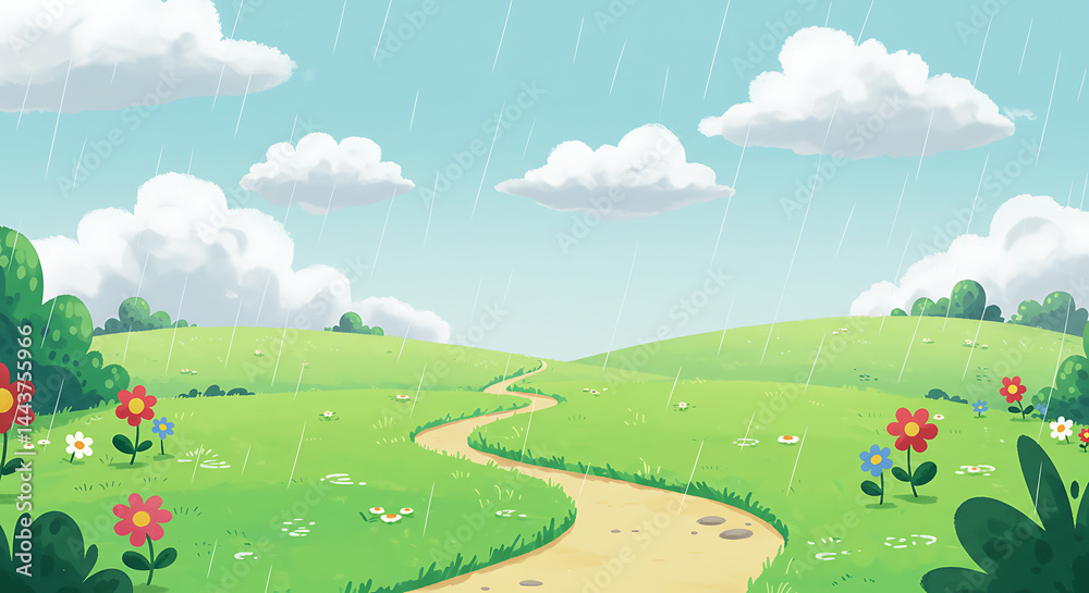 Fototapeta premium Cartoon landscape of green hills with a winding path under a rainy sky with fluffy clouds, a charming illustration for children's books