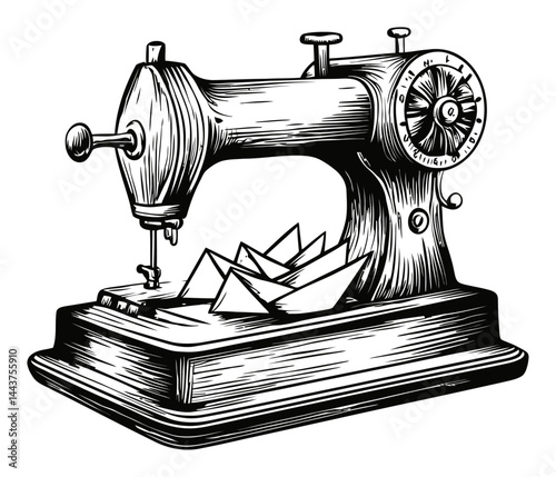 Vintage Sewing Machine with Paper Boats Hand Drawn Illustration