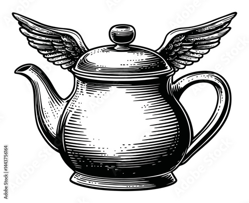 Vintage Hand-Drawn Engraving of a Winged Teapot Illustration