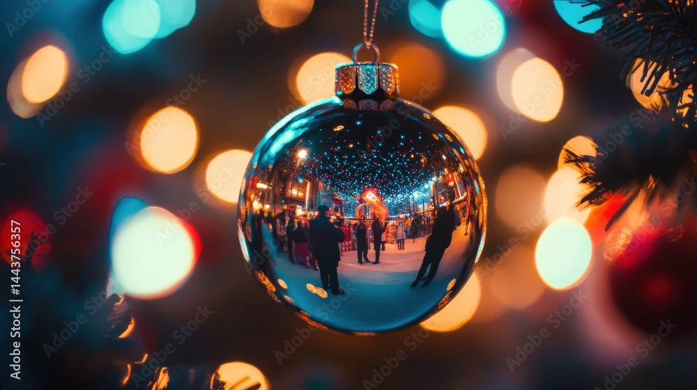 Fototapeta premium Reflected Christmas market scene in a shimmering orb ornament.