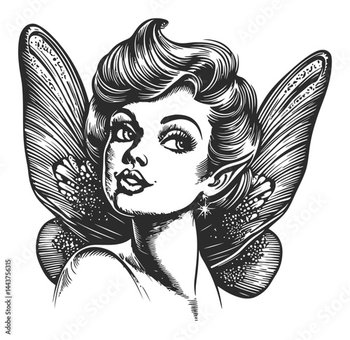 Vintage Hand-Drawn Illustration of Enigmatic Fairy with Wings