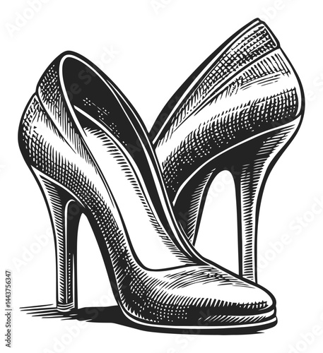 Elegant Hand-Drawn Engraving of Stylish High Heel Shoes Illustration