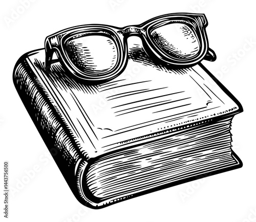 Vintage Hand Drawn Illustration of Book with Glasses on Cover