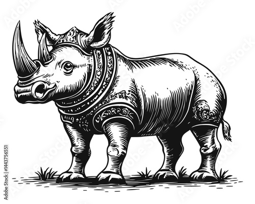 Detailed Hand Drawn Engraving of a Rhinoceros with Ornate Details