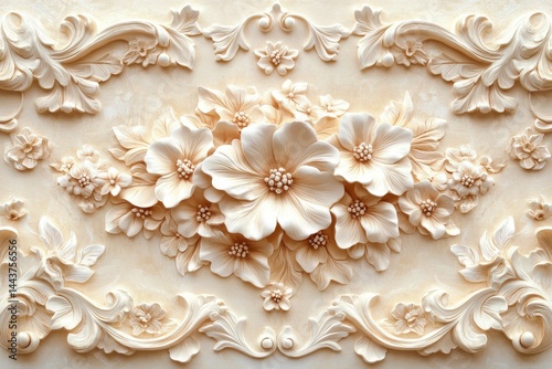 Ornate floral bas-relief design on cream-colored panel.