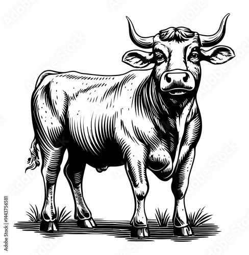 Detailed Hand-Drawn Engraving of a Cow in Black and White Design