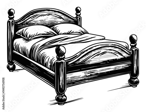 Engraved Hand-Drawn Illustration of Classic Wooden Bed Design