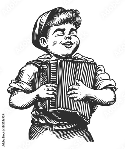 Vintage Hand-Drawn Engraving of Happy Boy Playing Accordion