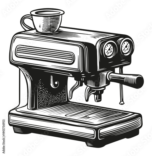 Vintage Hand-Drawn Engraving of Classic Espresso Coffee Machine