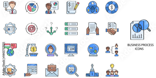 Business Process simple concept 24 hand drawn color icons set. Contains such administrate, blue, business, businessman .Vector illustration.