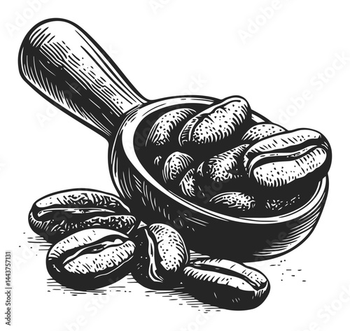 Hand-Drawn Engraving of Coffee Beans in a Wooden Scoop