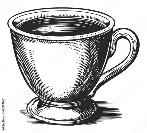 Hand-Drawn Engraving of a Vintage Cup with Dark Beverage Inside