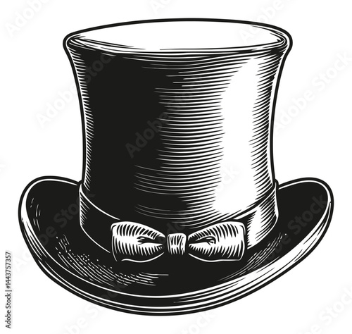Engraved Illustration of a Classic Top Hat with a Bow Tie Design