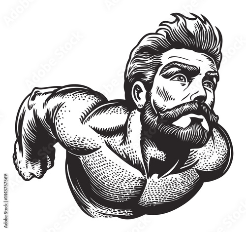 Vintage Hand-Drawn Engraving of Strong Man in Dynamic Pose