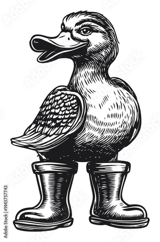 Hand-Drawn Engraving of a Duck Wearing Rubber Boots Illustration